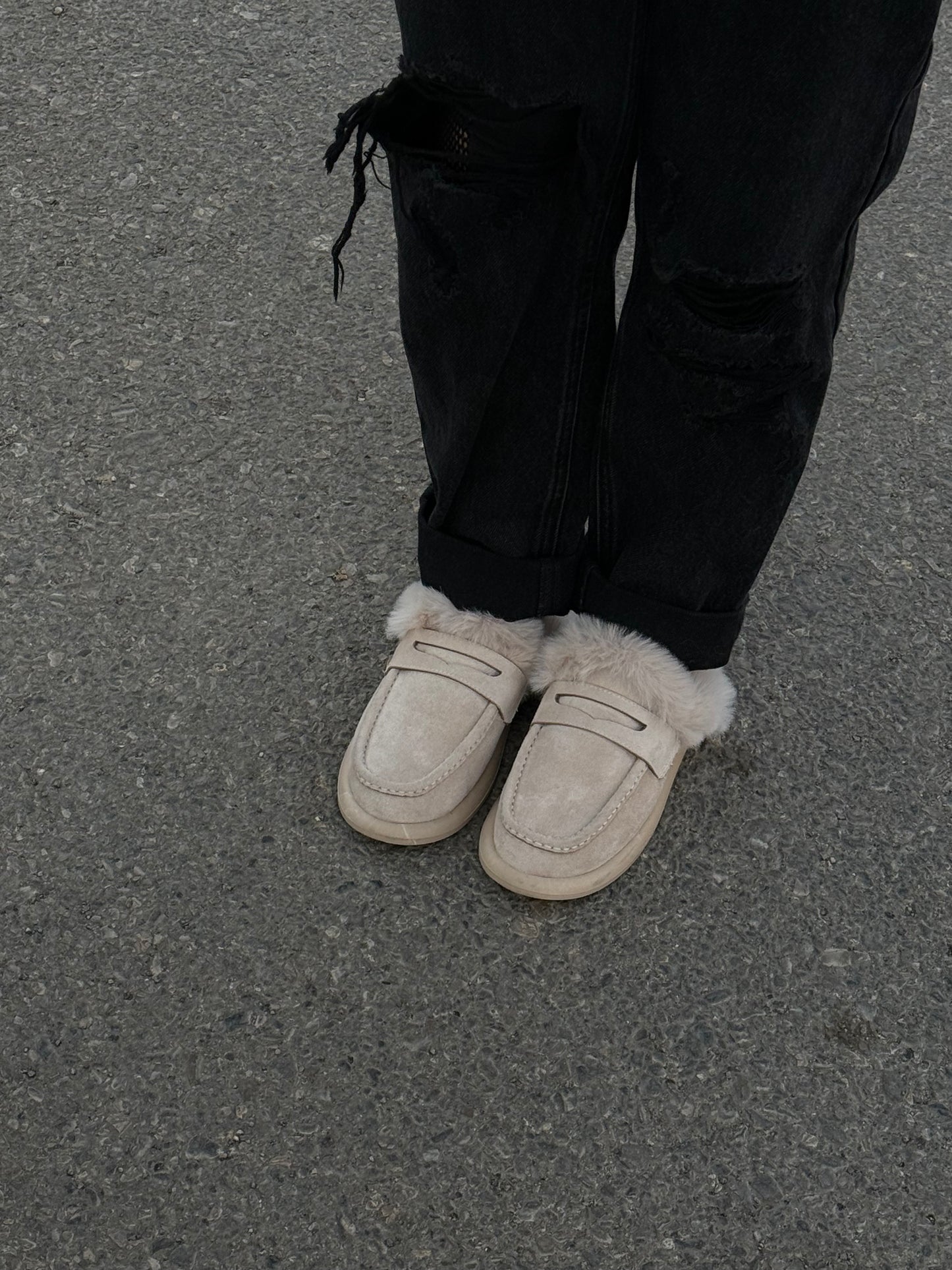 Light Beige Faux Fur & Suede Mules