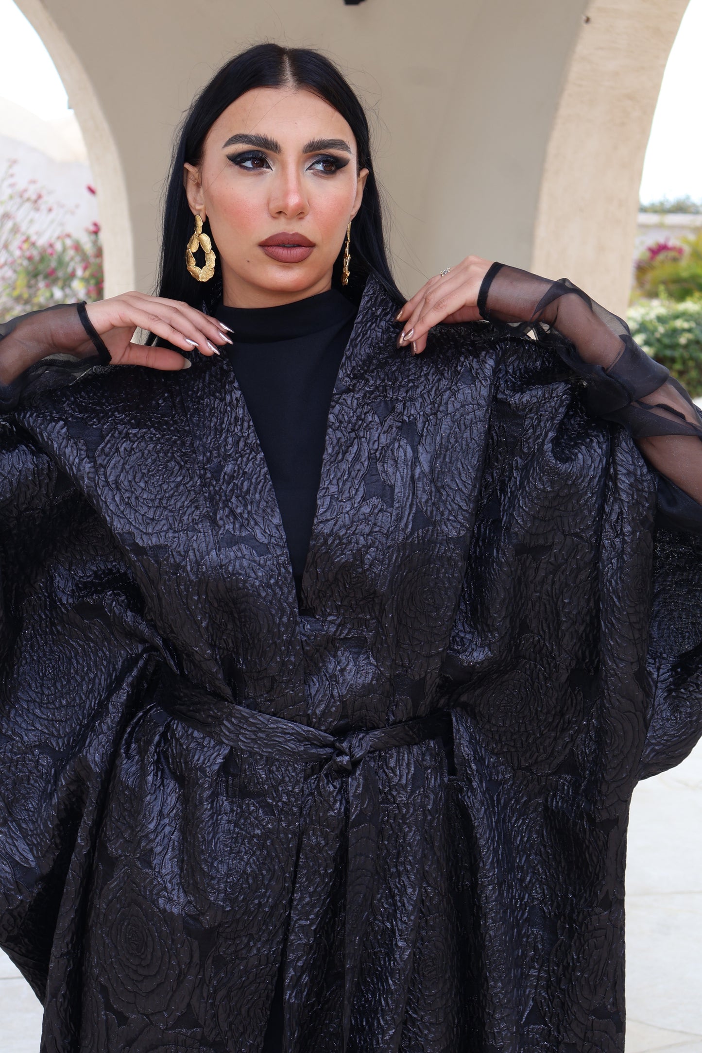 Floral Embossed Black Kaftan