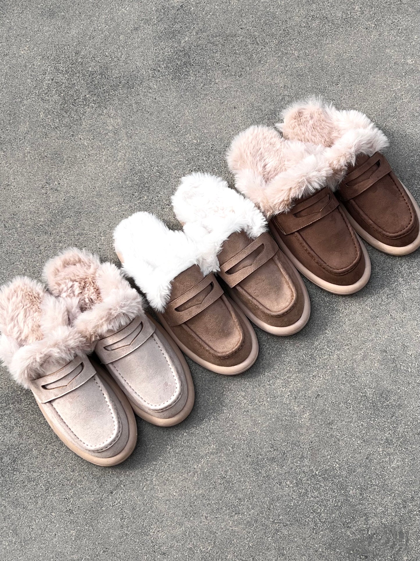 Light Beige Faux Fur & Suede Mules