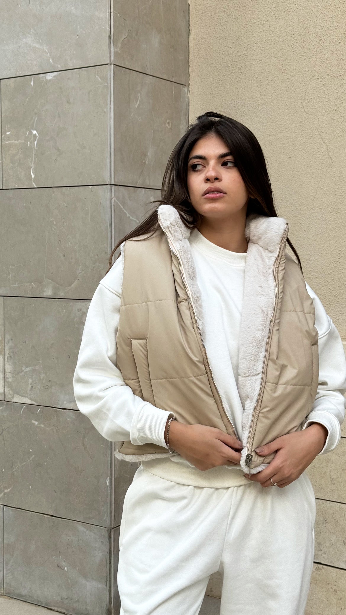 Beige Faux Fur x Puffer Reversible Gilet