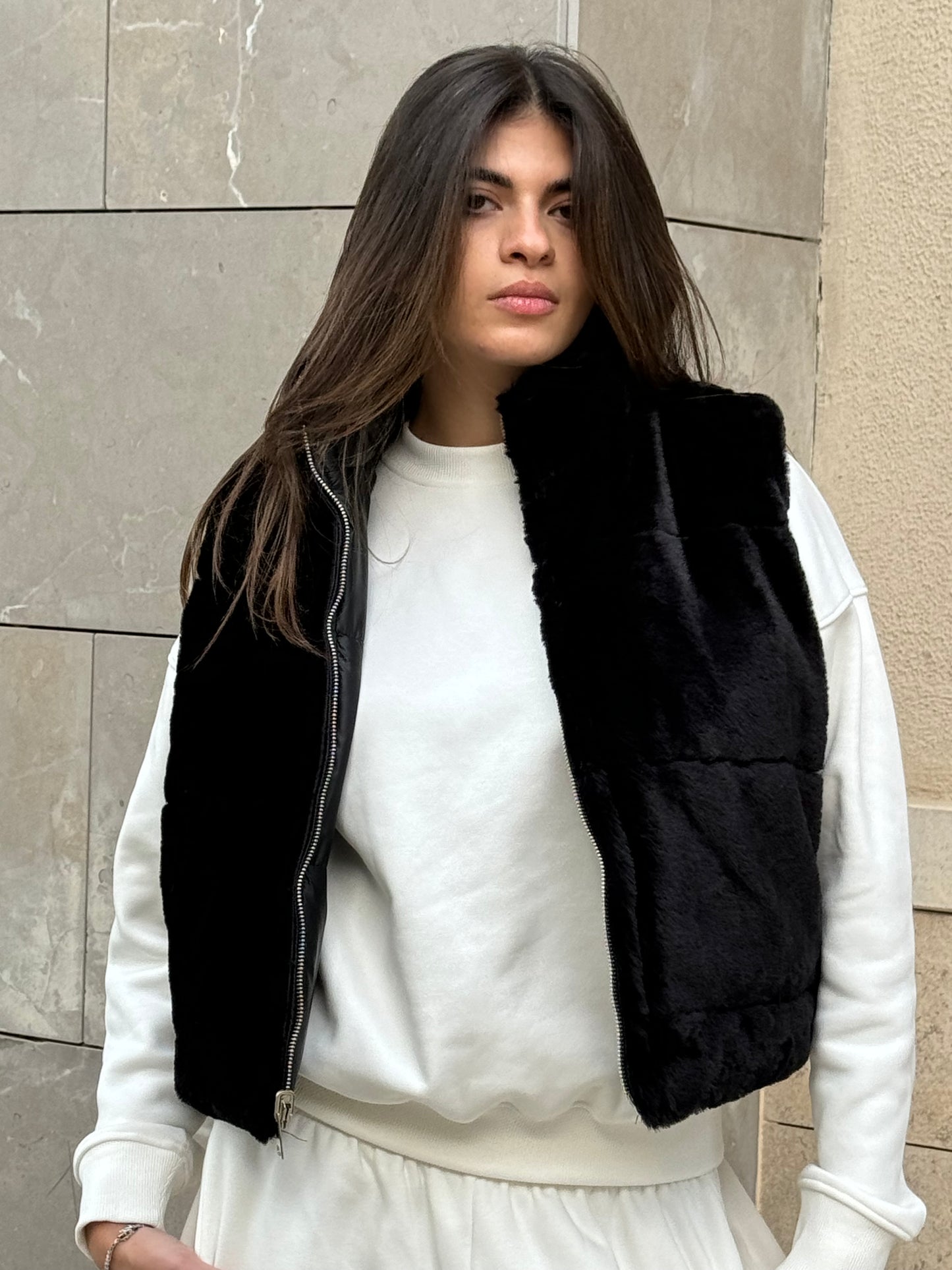 Black Faux Fur x Puffer Reversible Gilet