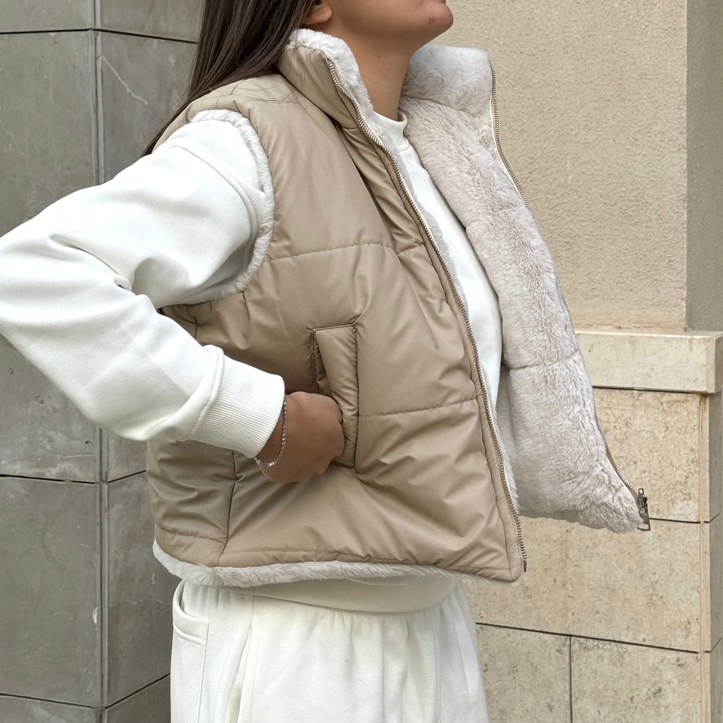 Beige Faux Fur x Puffer Reversible Gilet
