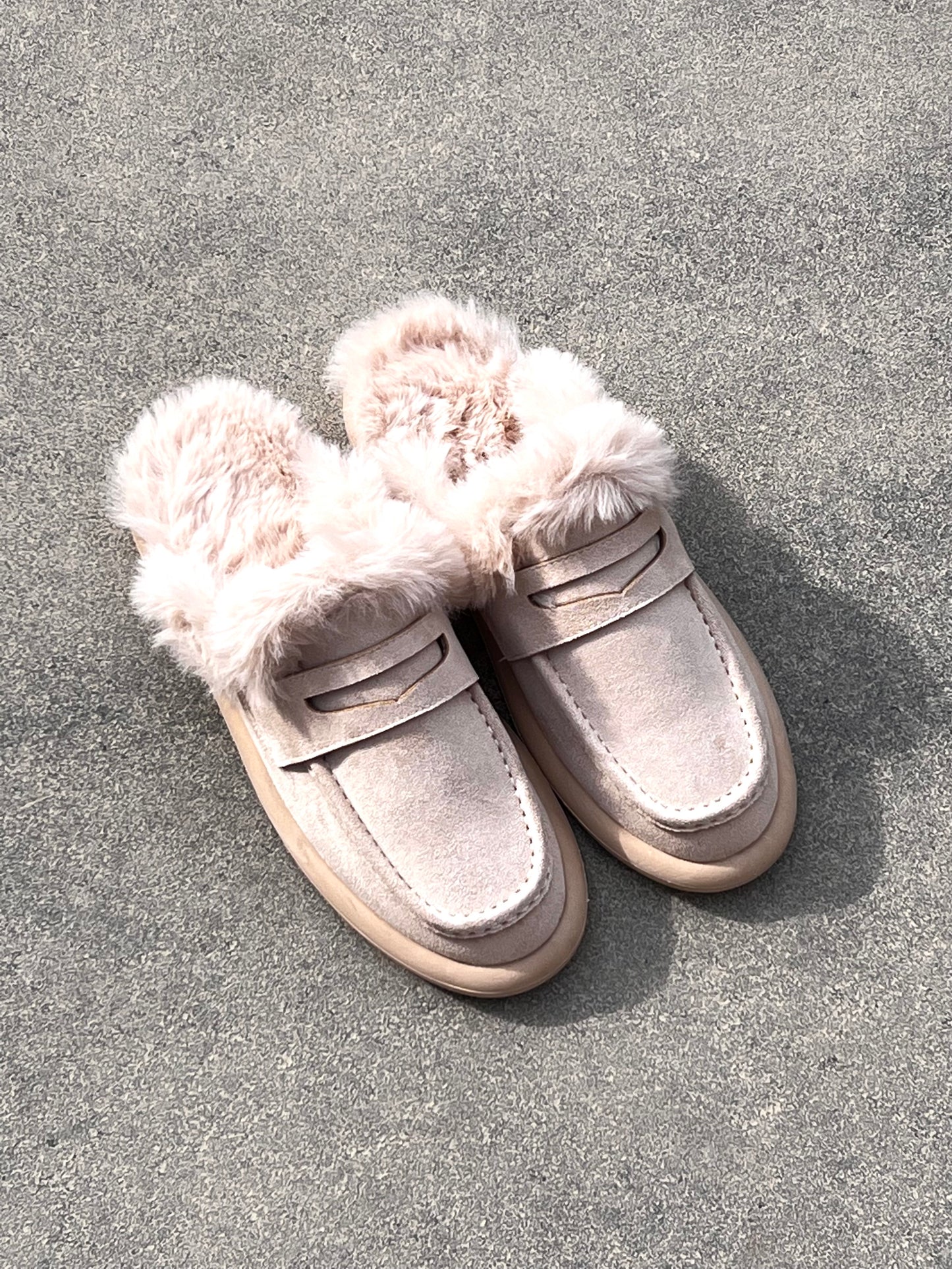 Light Beige Faux Fur & Suede Mules