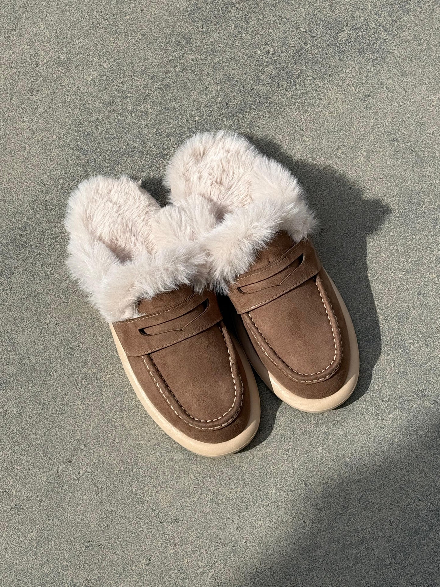 Dark Brown Faux Fur & Suede Mules