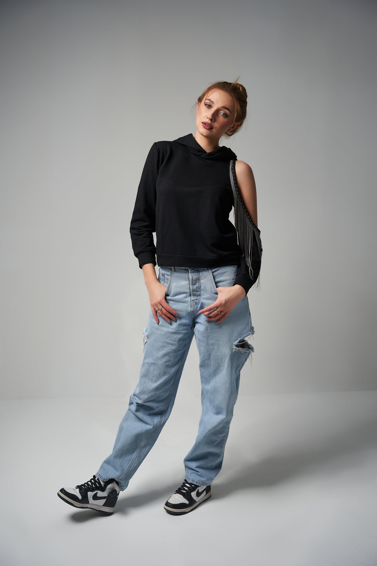 Cut Out Hoodie with Fringes