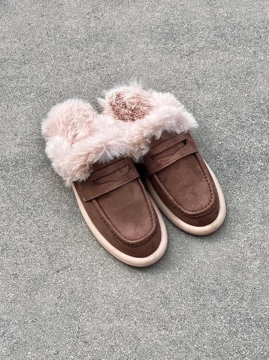 Dark Brown Faux Fur & Suede Mules