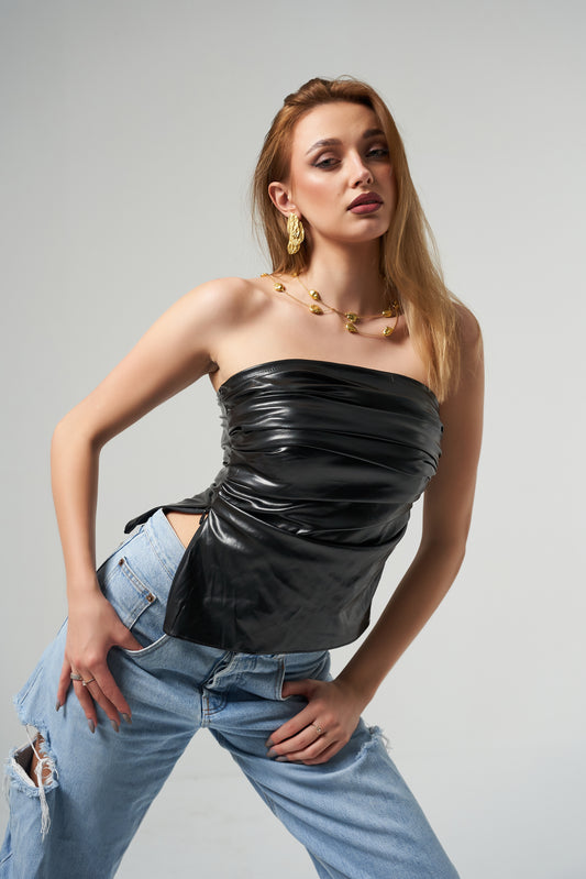 Leather Plissé Top