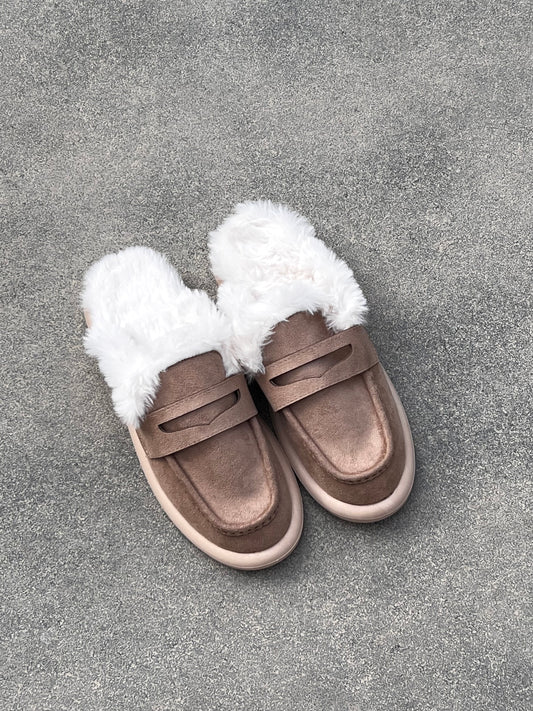 Coffee Faux Fur & Suede Mules