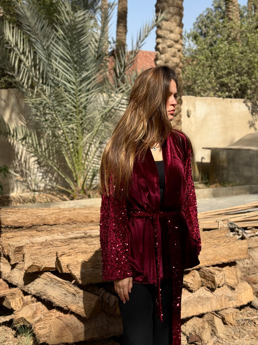 Burgundy Velvet Sequin Kimono