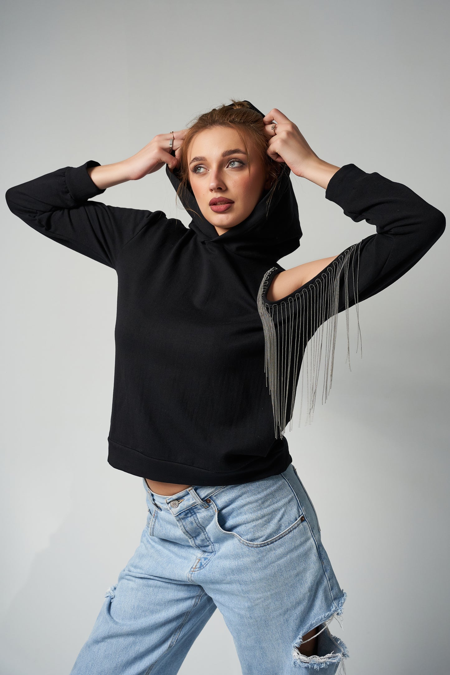 Cut Out Hoodie with Fringes