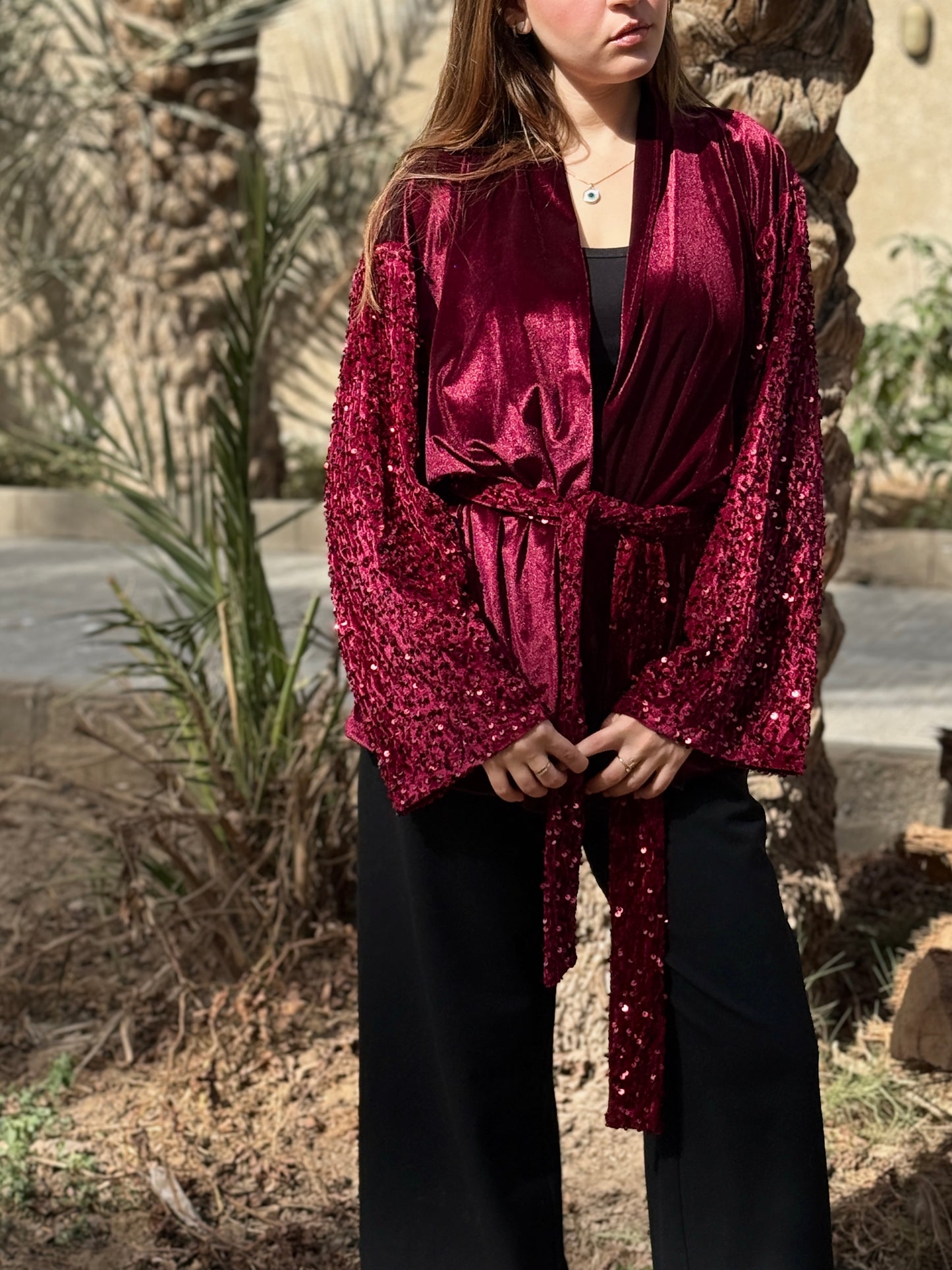 Burgundy Velvet Sequin Kimono