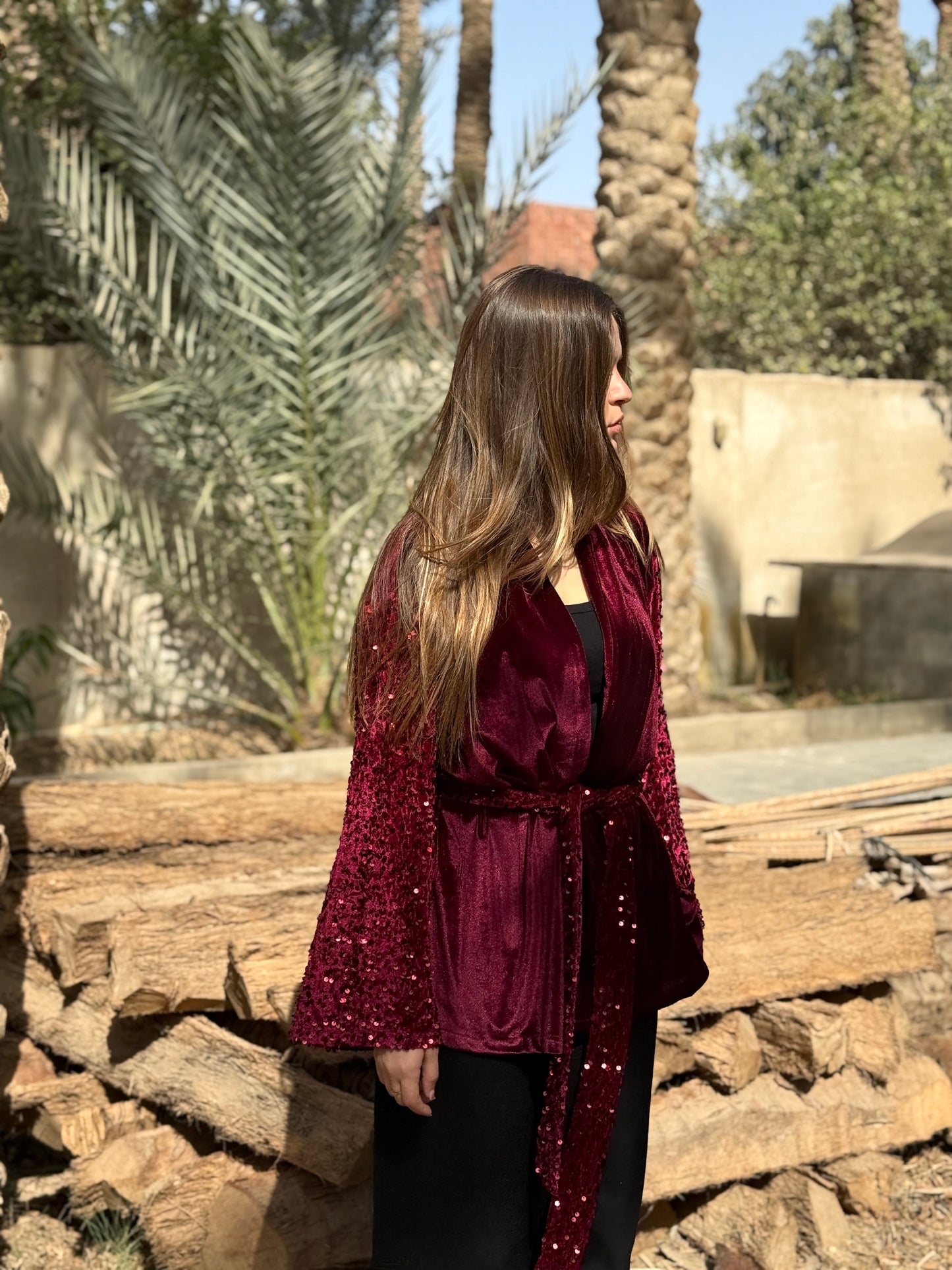 Burgundy Velvet Sequin Kimono