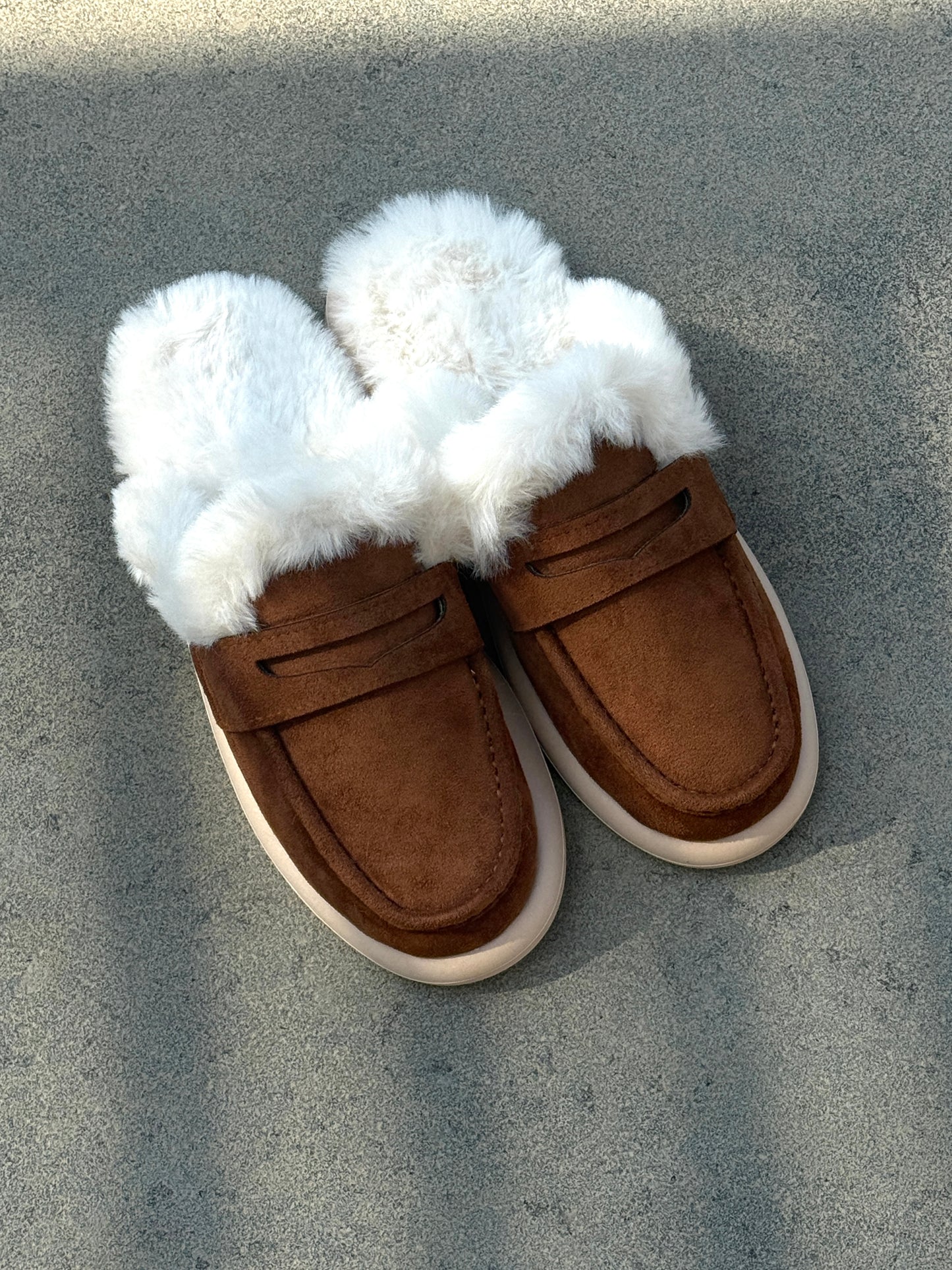 Brown Faux Fur & Suede Mules