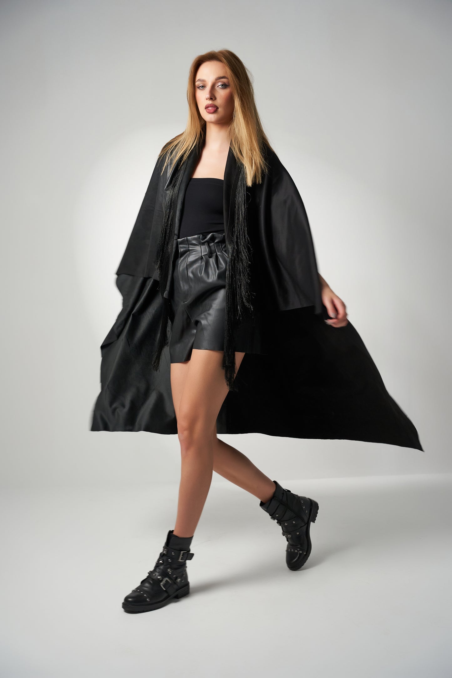 Suede x Leather Fringes Poncho